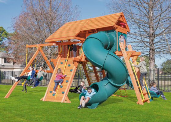 6.5 Jaguar Playcenter w/ Wood Roof, 4x6 Monkey Bars, Loft, Green DoubleWall Scoop Slide and Green Spiral Slide
