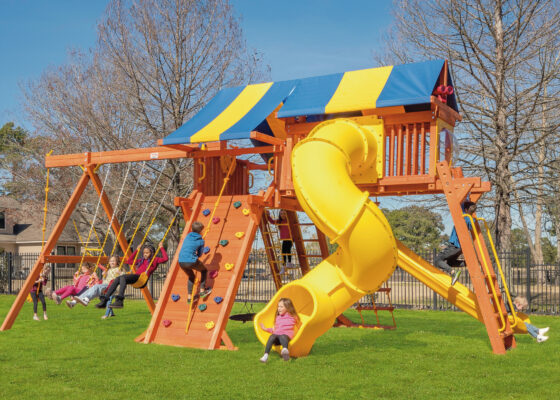 7.4 Jaguar Playcenter w/ BYB Tarp, 4x6 Monkey Bars, Loft, Yellow DoubleWall Scoop Slide and Yellow Spiral Slide