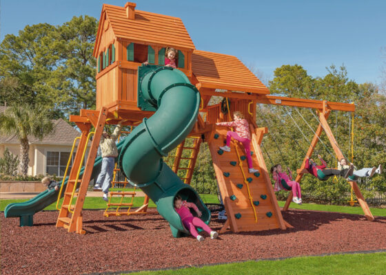 7.4 Jaguar MegaSized Playcenter w/ Wood Roof, Dormer, 4x6 Monkey Bars, Cabin, Green DoubleWall Scoop Slide and Green Spiral Slide